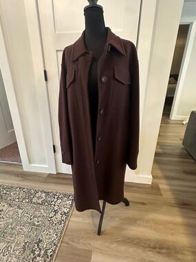 Vincent Classic Long Button-Up Coat in Deep Burgundy Size XL